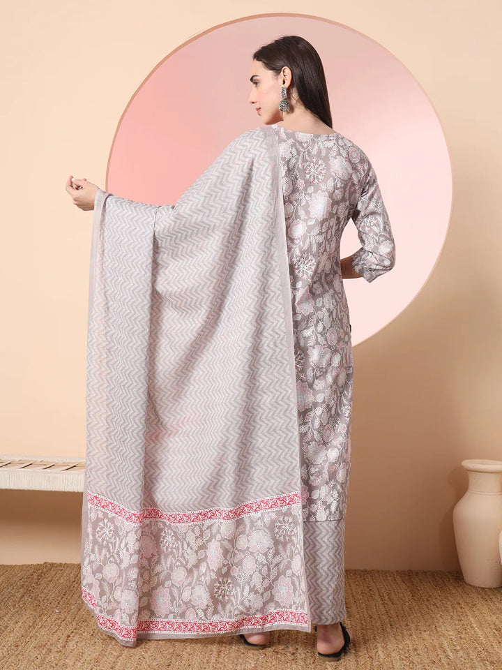 Grey Pure Cotton Angrakha Kurta Dupatta Pant Set