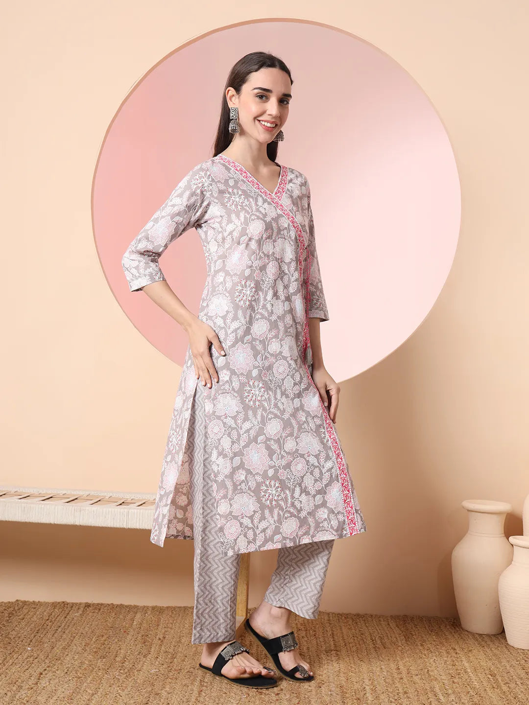 Grey Pure Cotton Angrakha Kurta Dupatta Pant Set