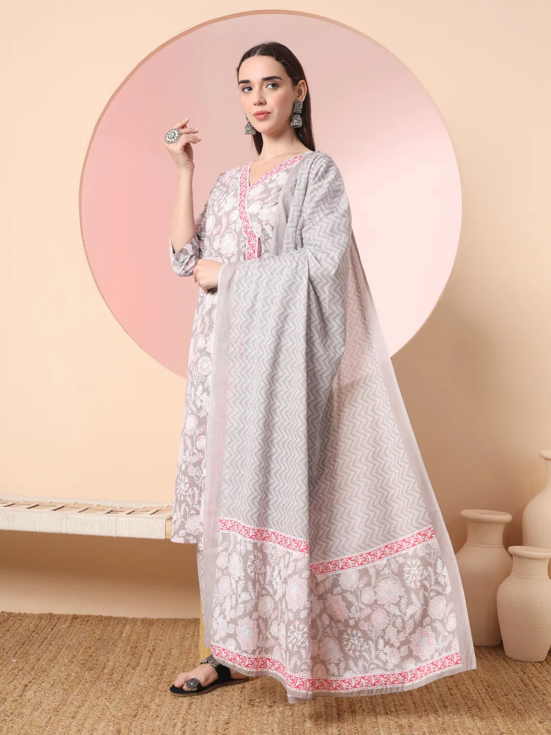 Grey Pure Cotton Angrakha Kurta Dupatta Pant Set