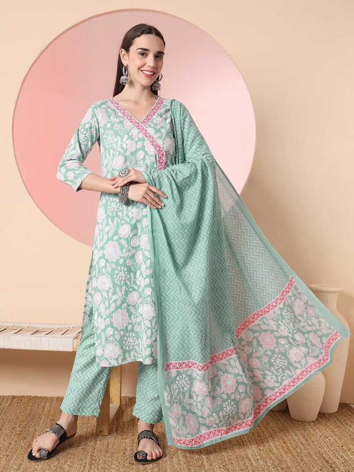 Sea Green Pure Cotton Angrakha Kurta Dupatta Pant Set