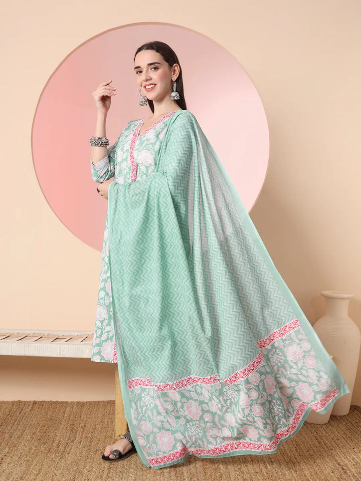 Sea Green Pure Cotton Angrakha Kurta Dupatta Pant Set