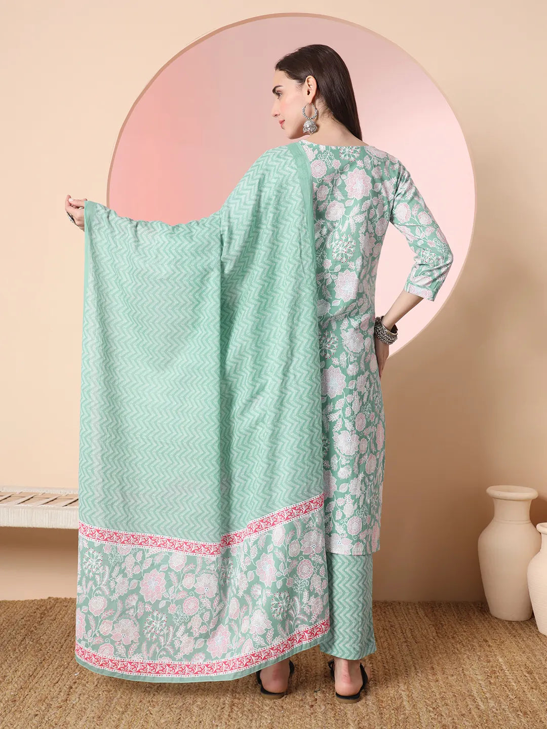 Sea Green Pure Cotton Angrakha Kurta Dupatta Pant Set