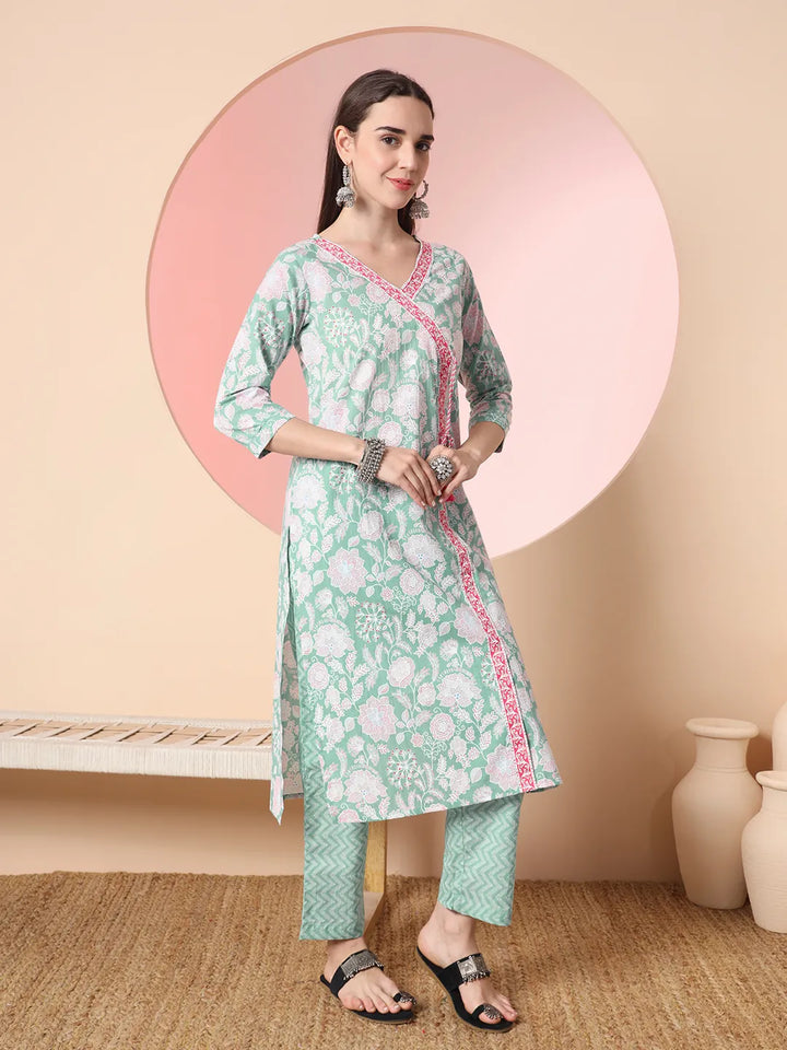 Sea Green Pure Cotton Angrakha Kurta Dupatta Pant Set