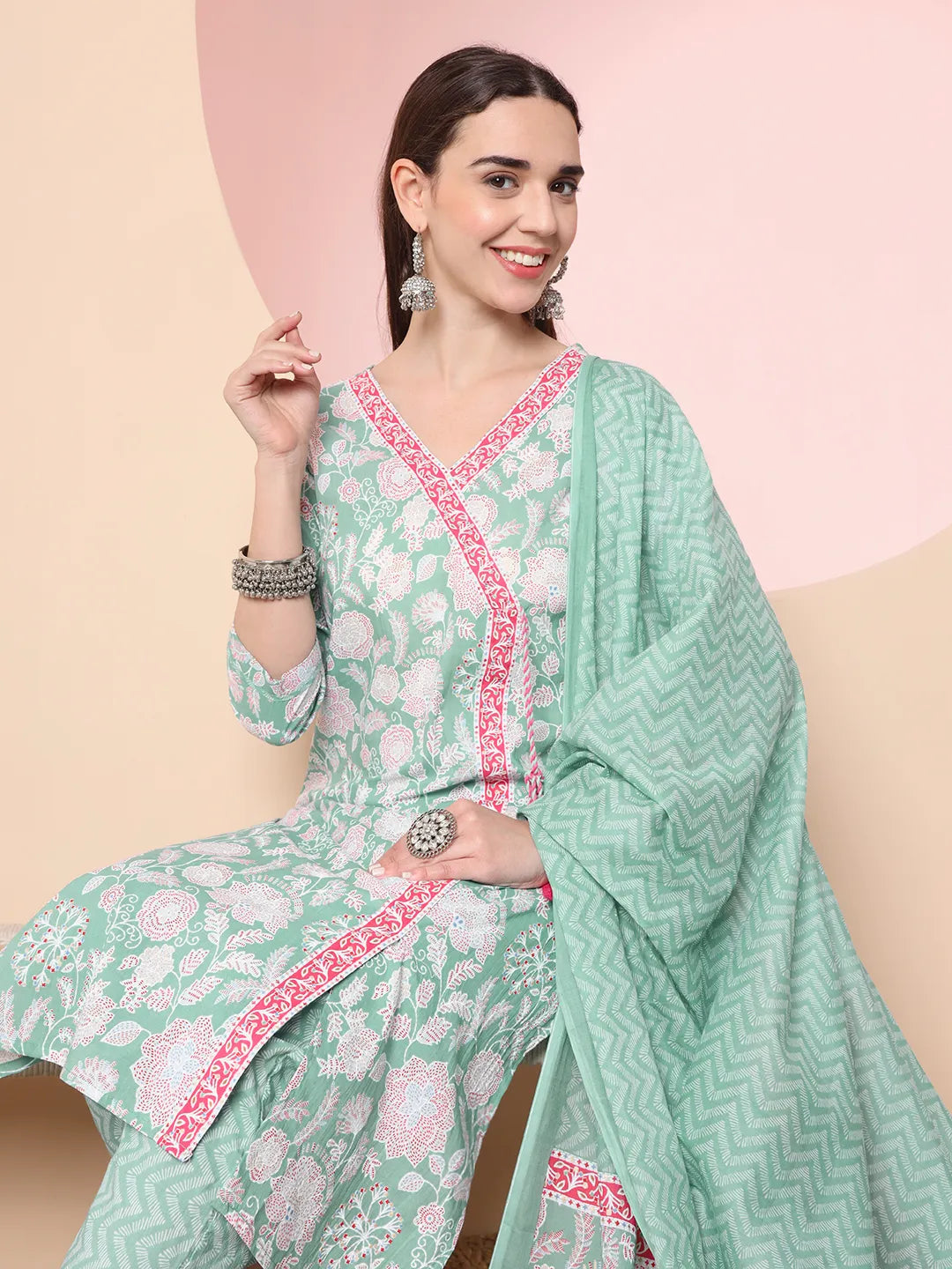 Sea Green Pure Cotton Angrakha Kurta Dupatta Pant Set