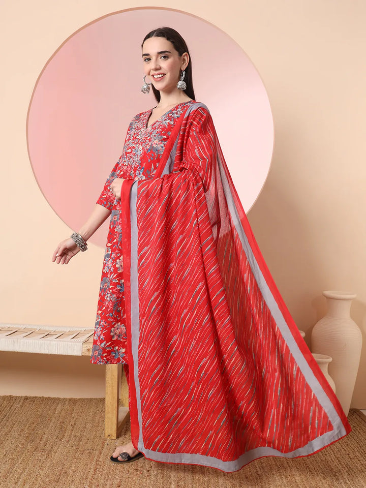 Red Pure Cotton Thread_Work Straight Kurta Dupatta Pant Set