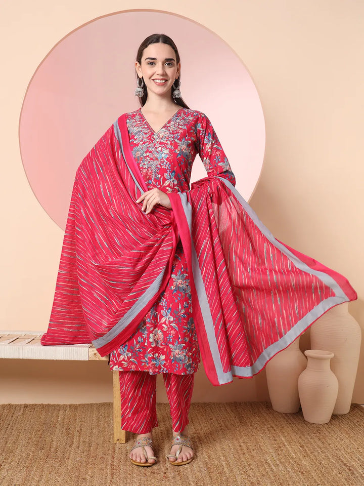 Pink Pure Cotton Thread_Work Straight Kurta Dupatta Pant Set