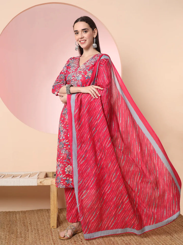 Pink Pure Cotton Thread_Work Straight Kurta Dupatta Pant Set