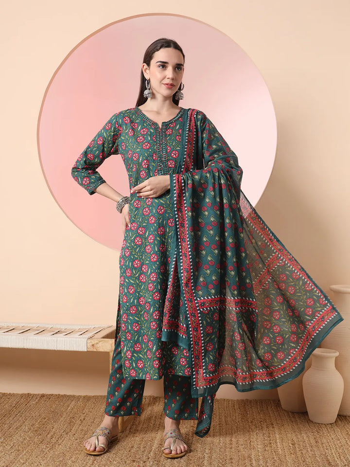 Green Floral Embroidered Kurta with Trousers with dupatta Set