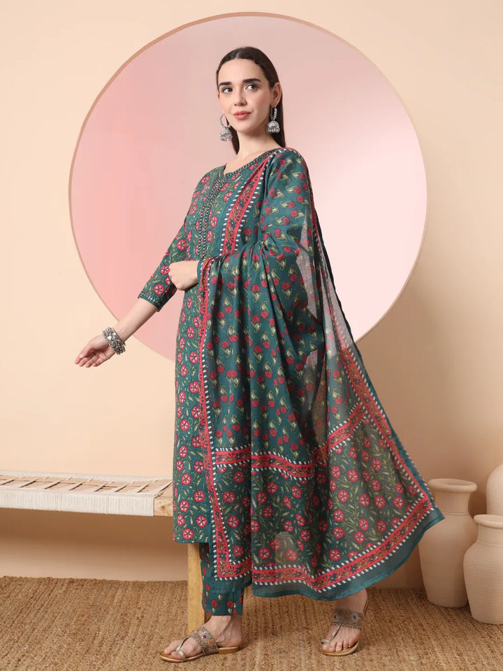 Green Floral Embroidered Kurta with Trousers with dupatta Set