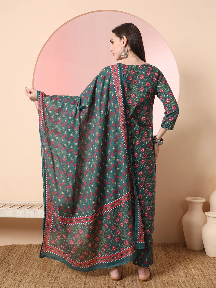 Green Floral Embroidered Kurta with Trousers with dupatta Set