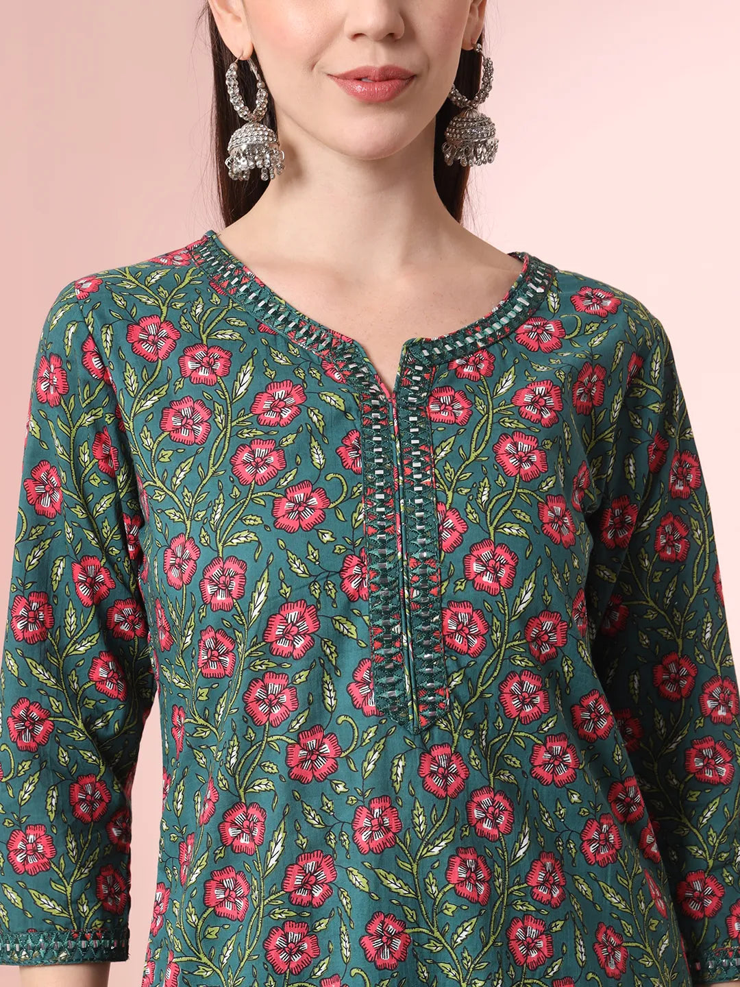 Green Floral Embroidered Kurta with Trousers with dupatta Set