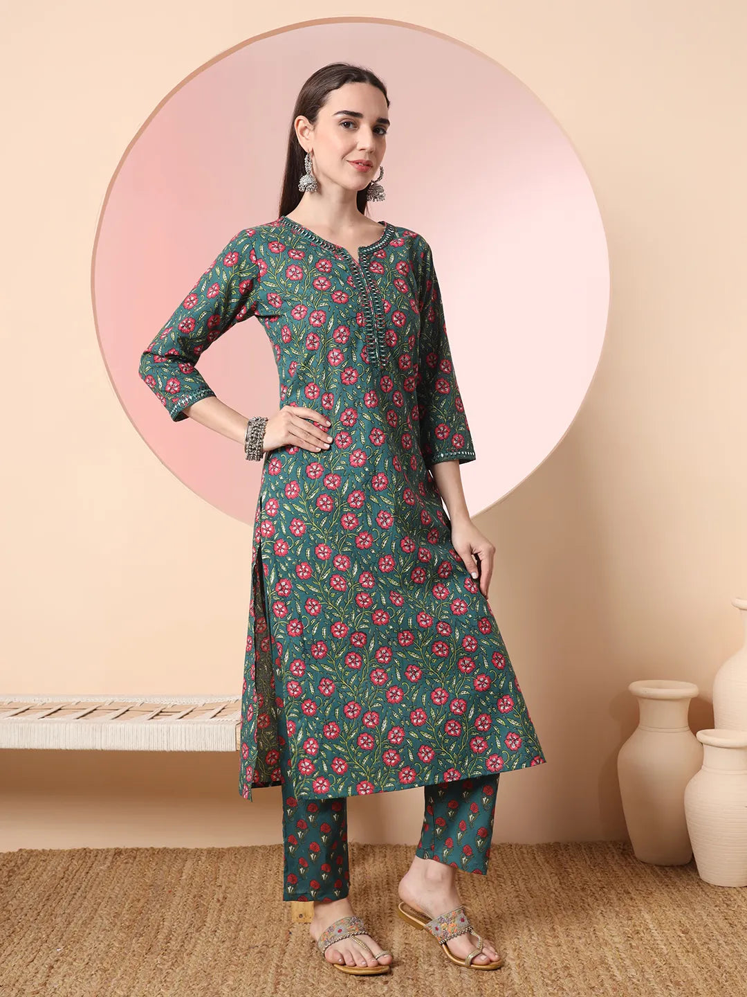 Green Floral Embroidered Kurta with Trousers with dupatta Set