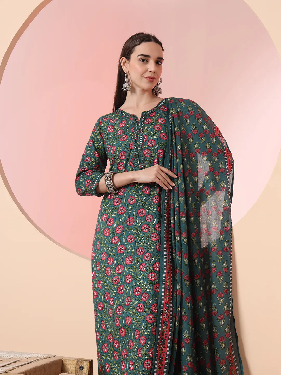 Green Floral Embroidered Kurta with Trousers with dupatta Set