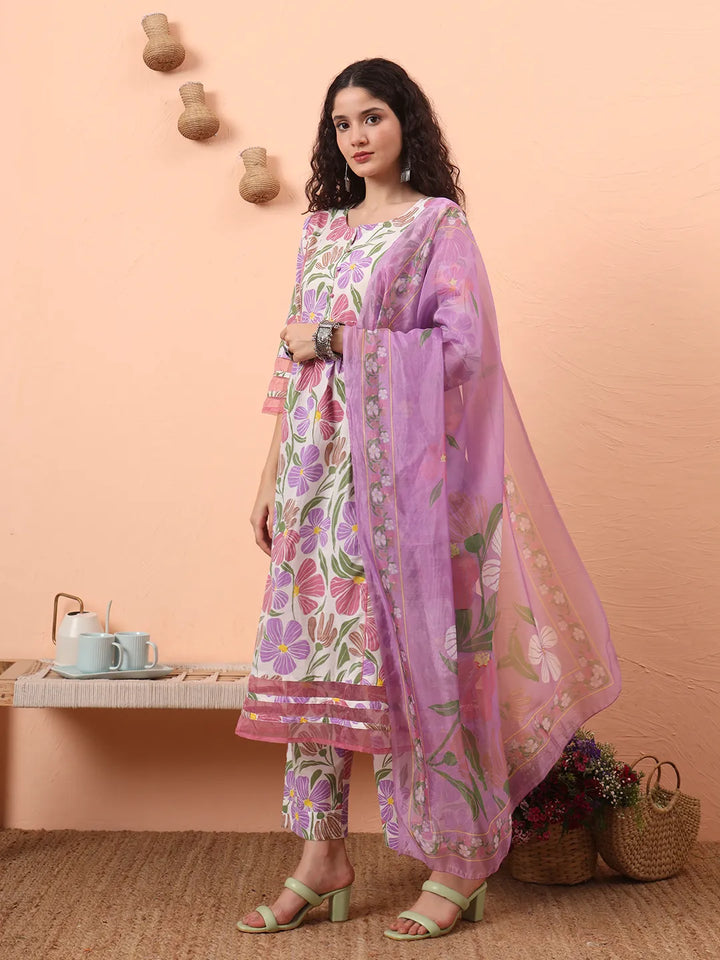 White And Purple Floral Sequins Work Aline Kurta Trouser Dupatta Set
