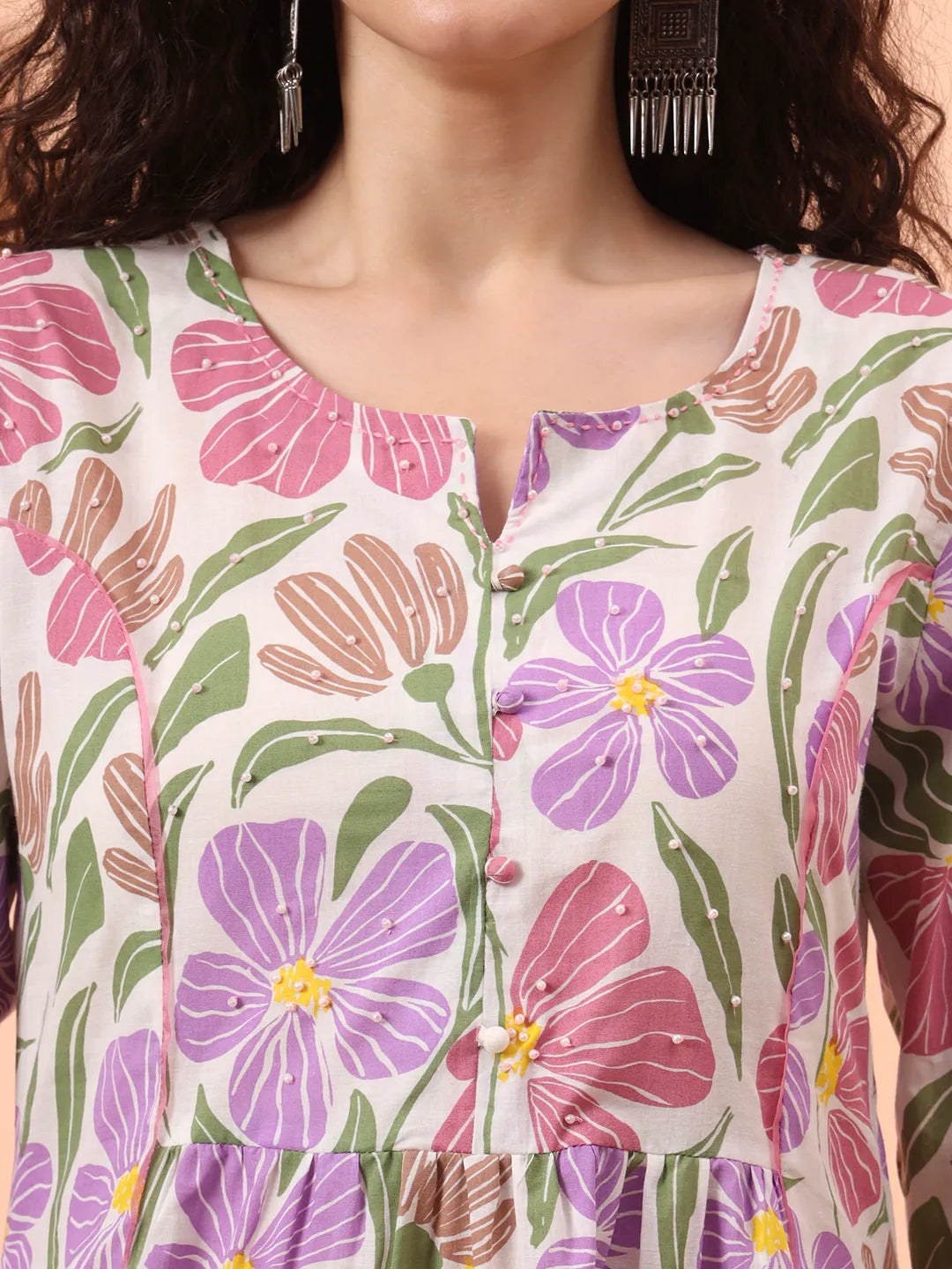 White And Purple Floral Sequins Work Aline Kurta Trouser Dupatta Set