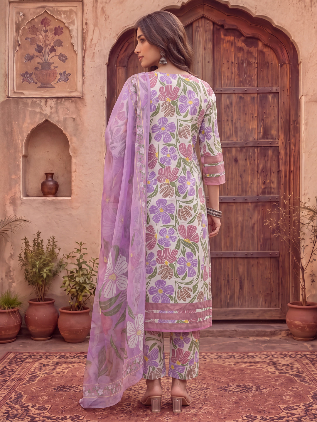 White And Purple Floral Sequins Work Aline Kurta Trouser Dupatta Set
