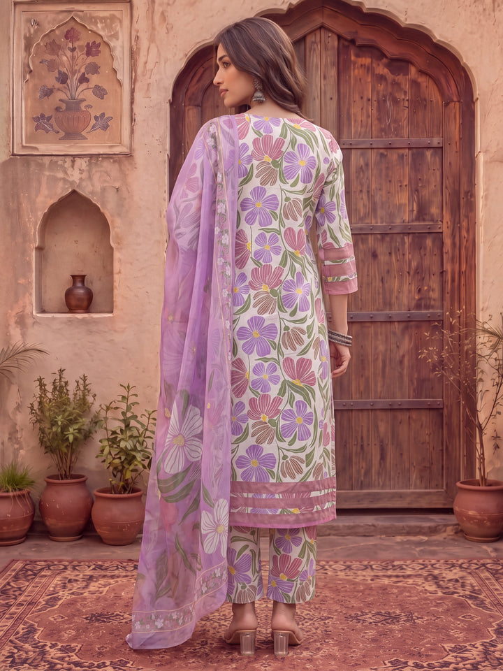 White And Purple Floral Sequins Work Aline Kurta Trouser Dupatta Set