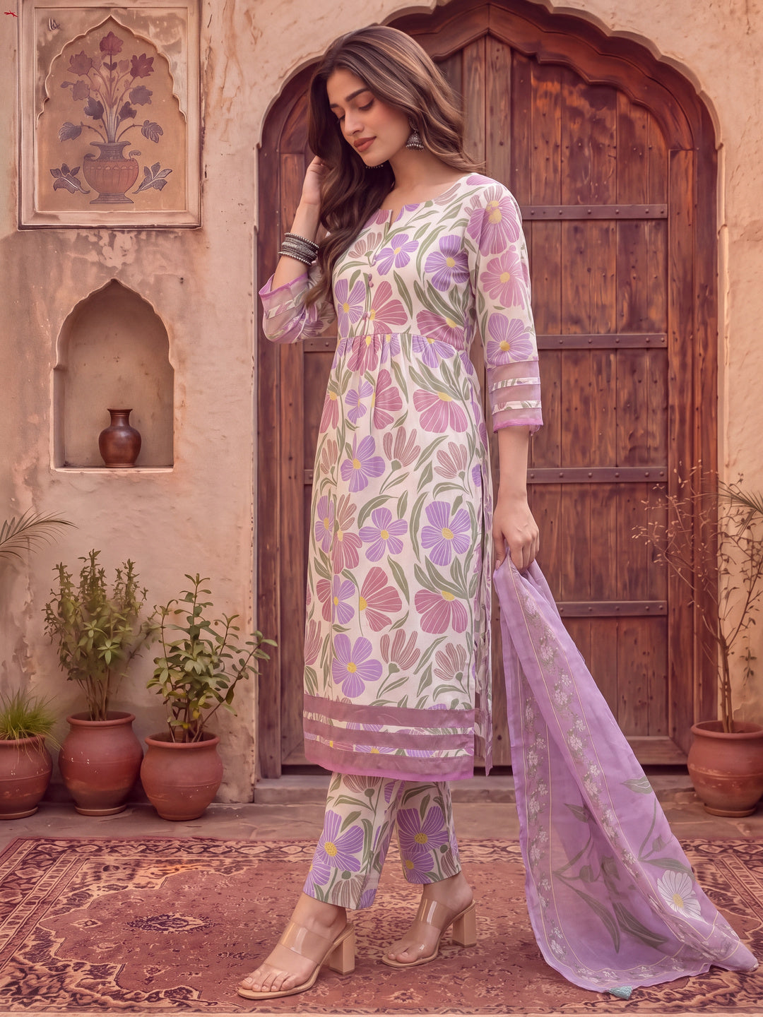 White And Purple Floral Sequins Work Aline Kurta Trouser Dupatta Set