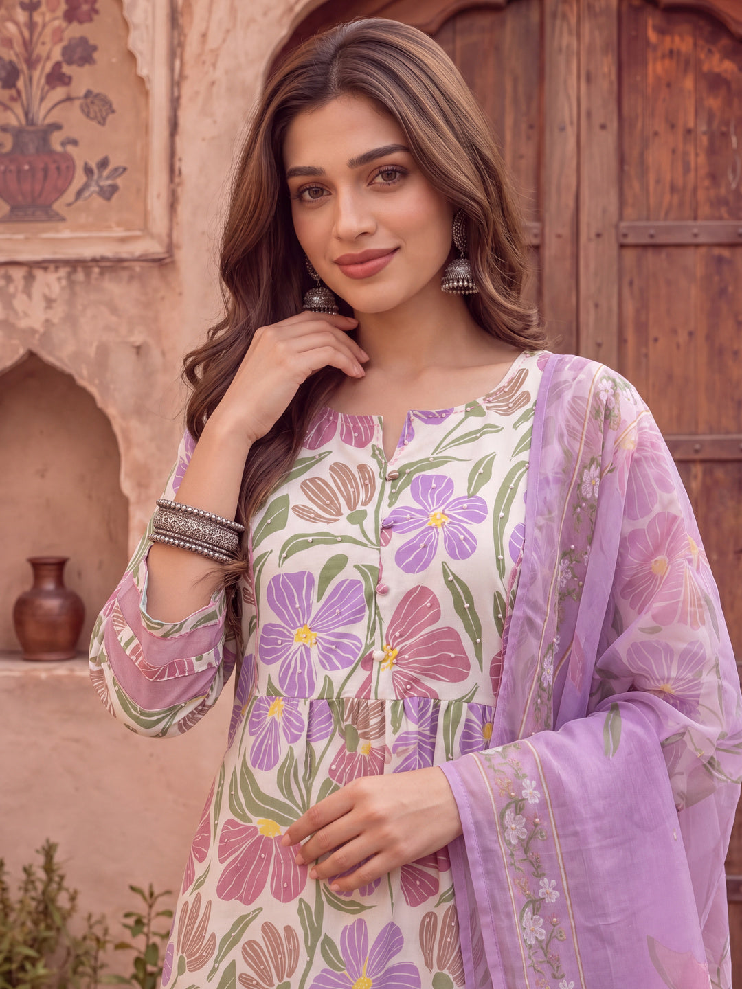 White And Purple Floral Sequins Work Aline Kurta Trouser Dupatta Set
