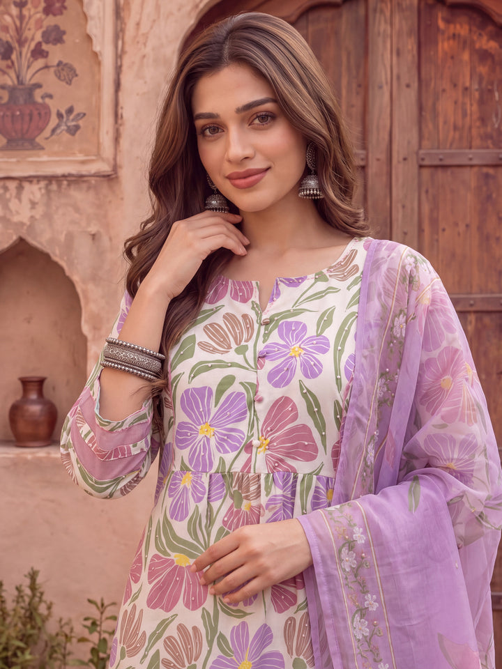 White And Purple Floral Sequins Work Aline Kurta Trouser Dupatta Set