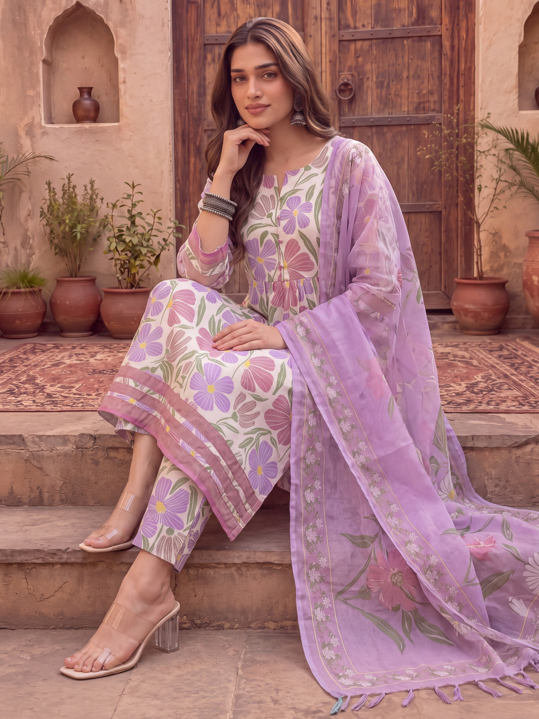 White And Purple Floral Sequins Work Aline Kurta Trouser Dupatta Set
