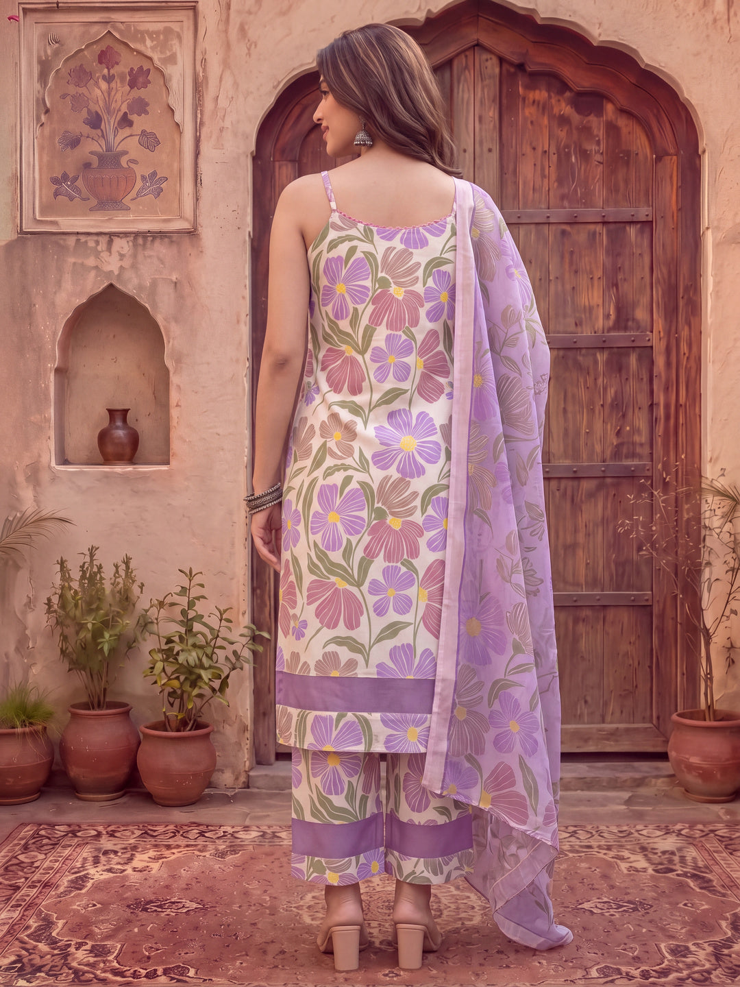 White And Purple Floral Print Lace Work Straight Kurta Trouser Dupatta Set