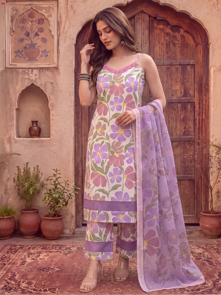 White And Purple Floral Print Lace Work Straight Kurta Trouser Dupatta Set