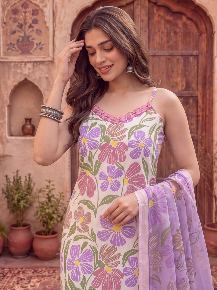 White And Purple Floral Print Lace Work Straight Kurta Trouser Dupatta Set