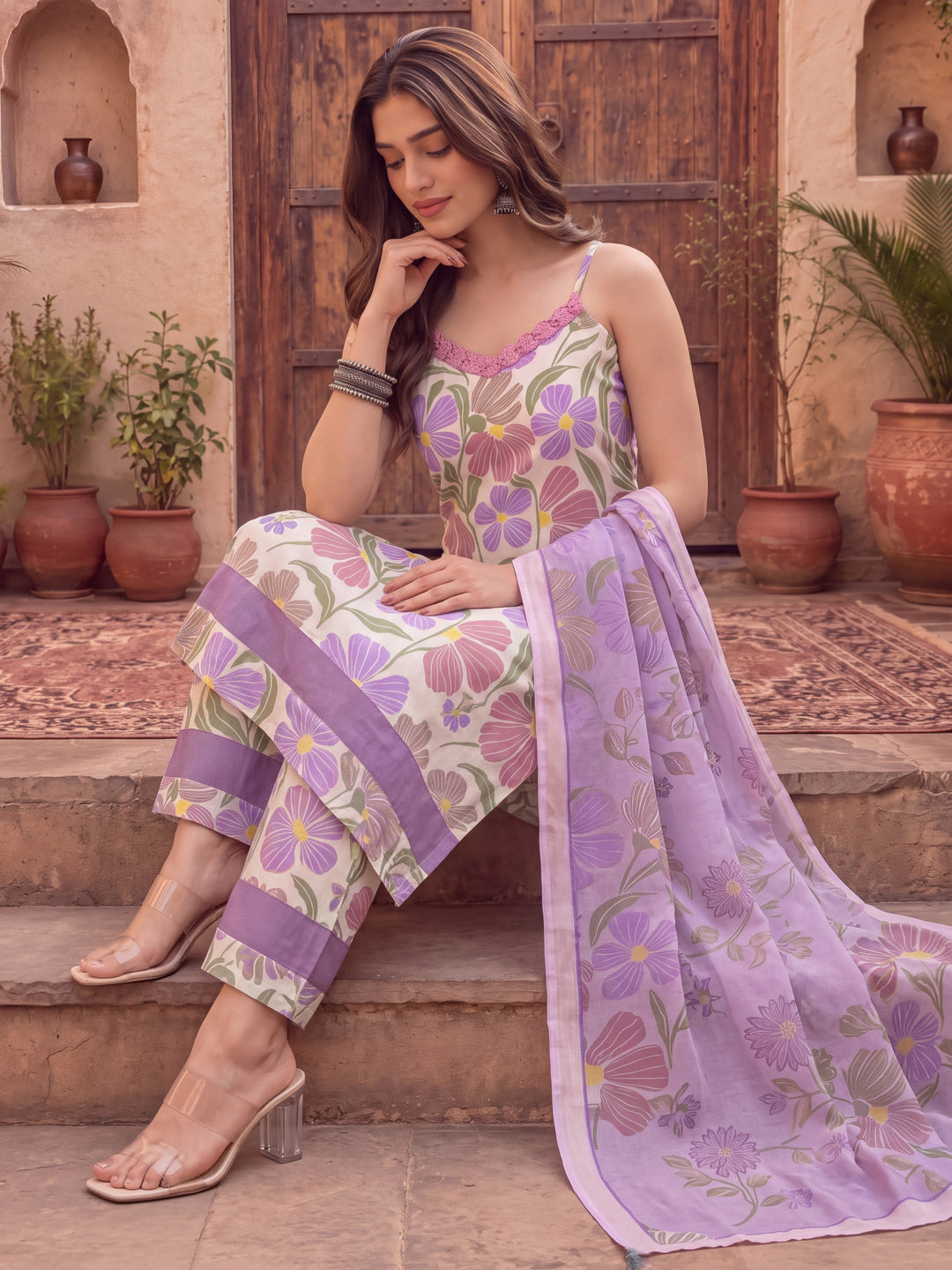 White And Purple Floral Print Lace Work Straight Kurta Trouser Dupatta Set