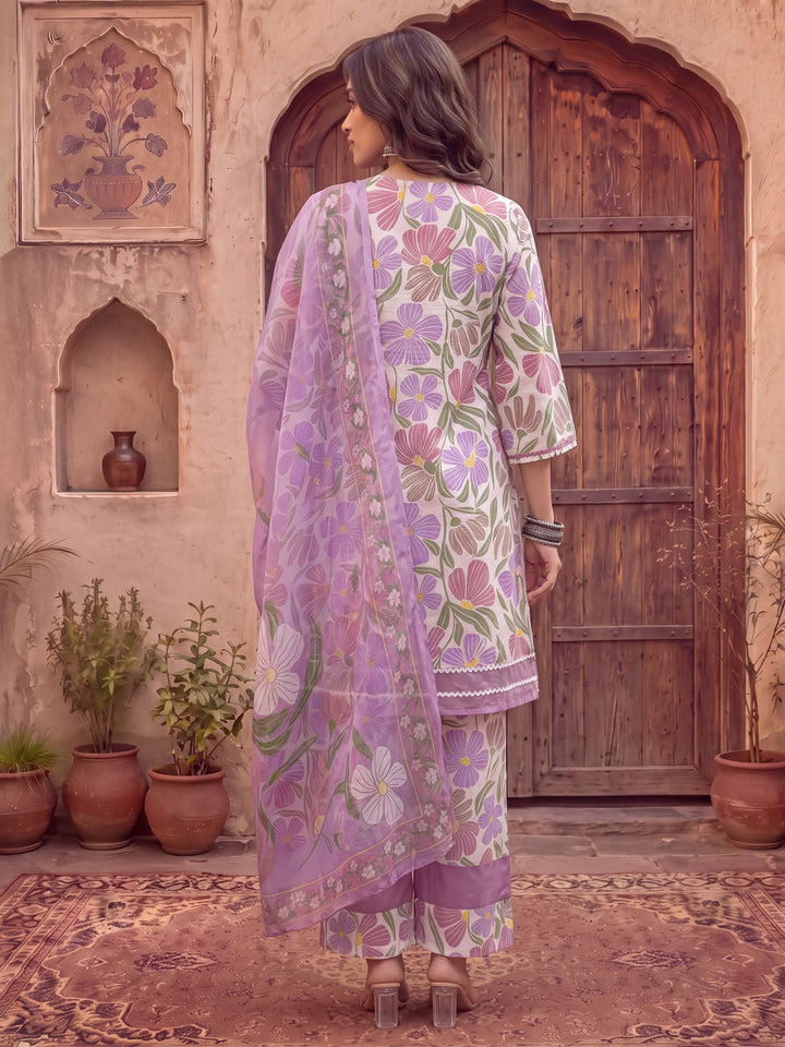 White And Purple Floral Print Lace Work A-Line Kurta Trouser Dupatta Set