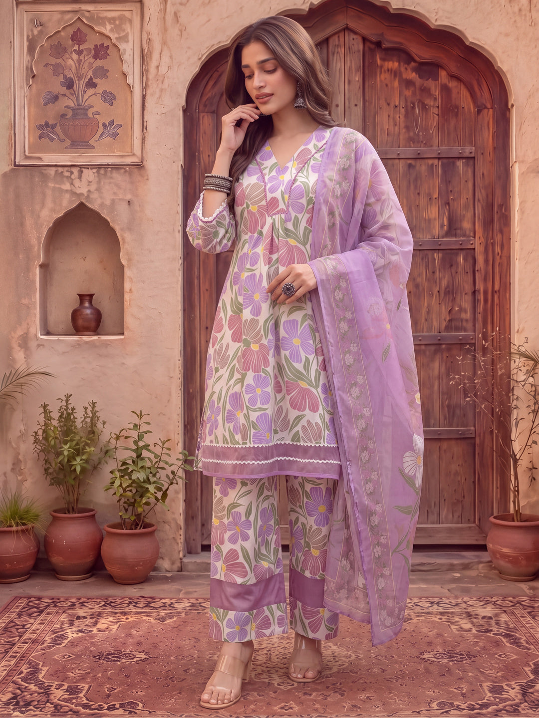 White And Purple Floral Print Lace Work A-Line Kurta Trouser Dupatta Set