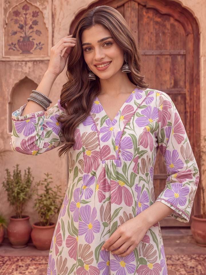 White And Purple Floral Print Lace Work A-Line Kurta Trouser Dupatta Set