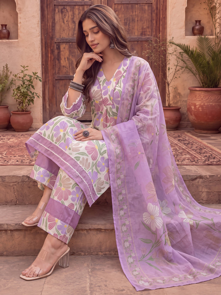 White And Purple Floral Print Lace Work A-Line Kurta Trouser Dupatta Set