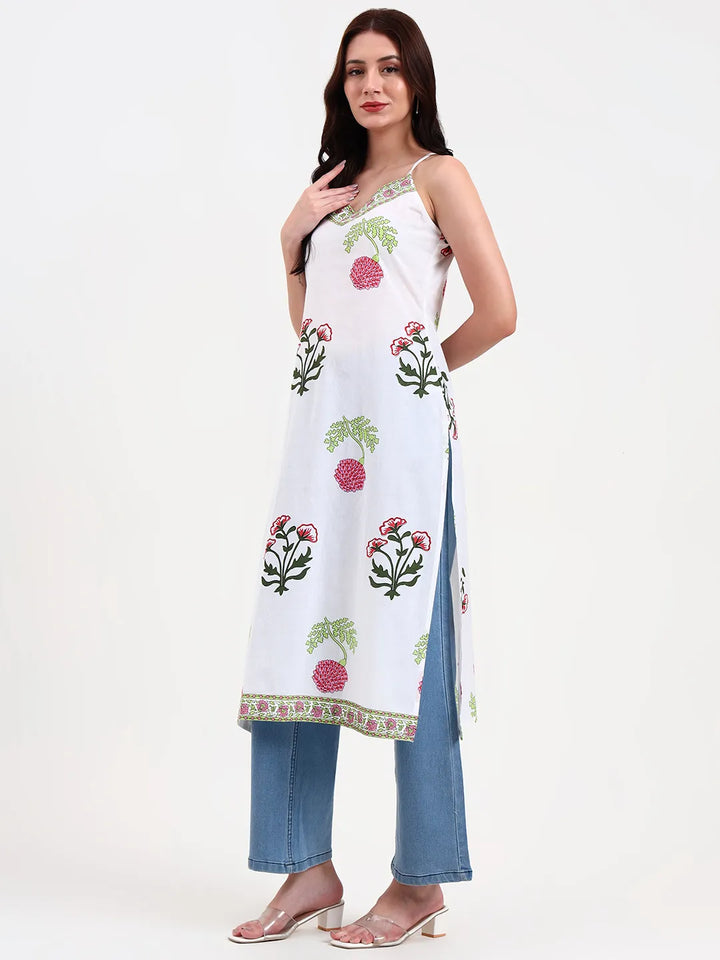 White Floral Block Print Cotton Straight Kurta
