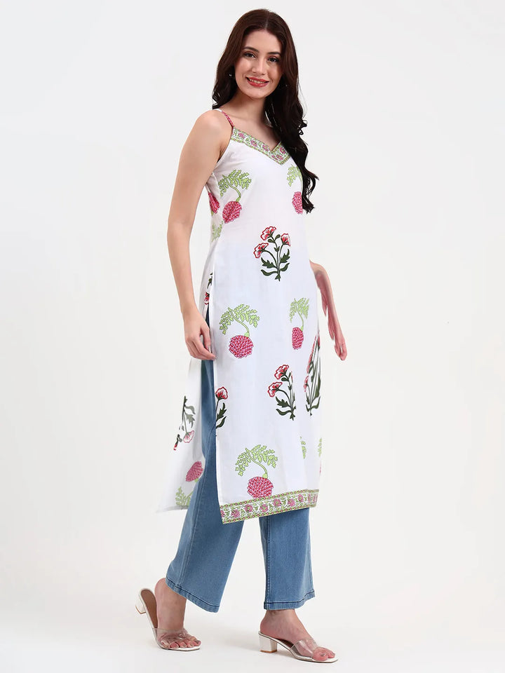White Floral Block Print Cotton Straight Kurta