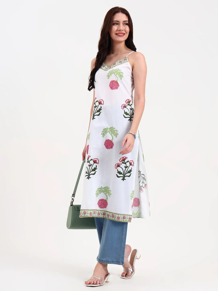 White Floral Block Print Cotton Straight Kurta