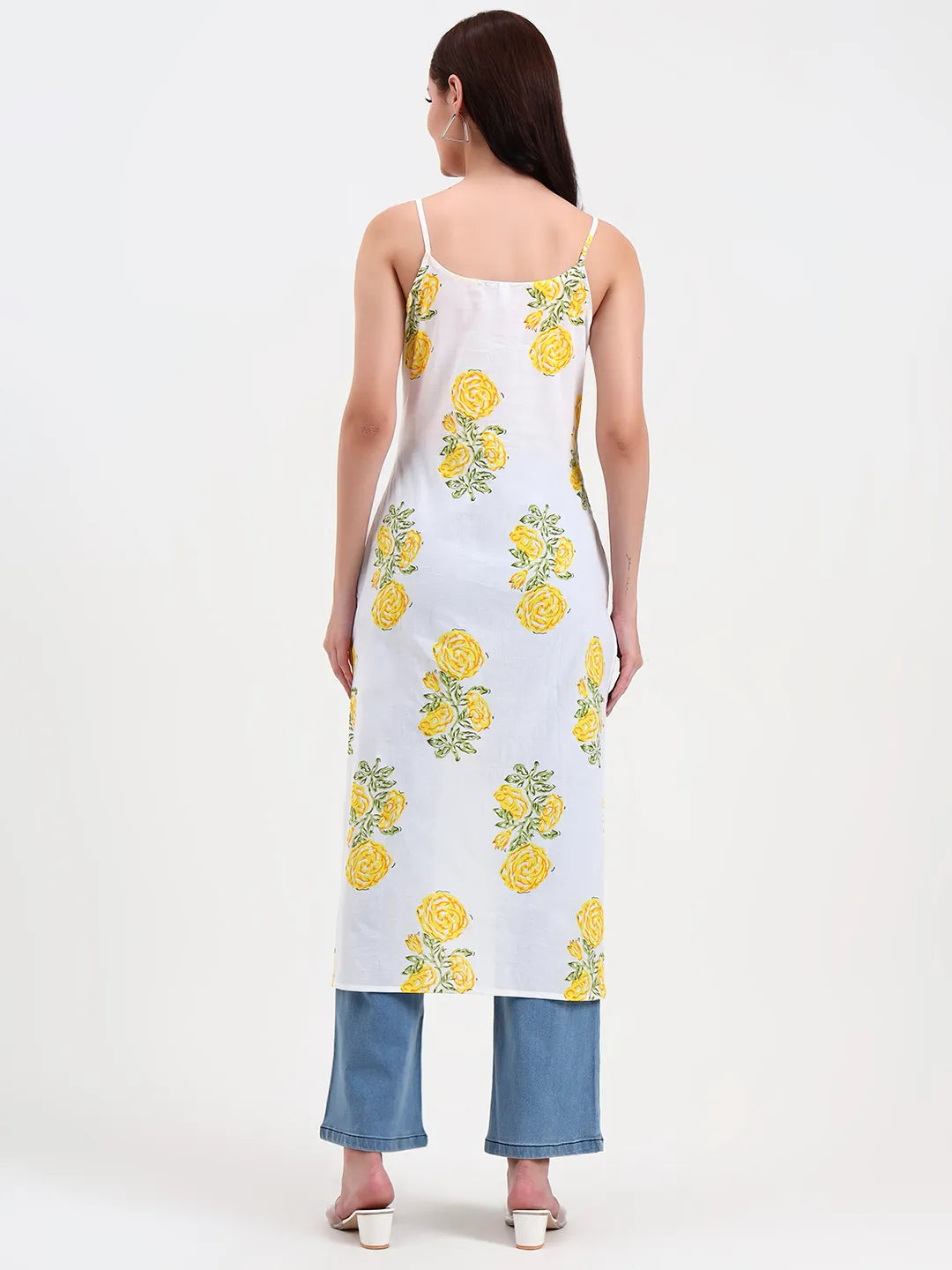 White Floral Print Cotton Straight Kurta