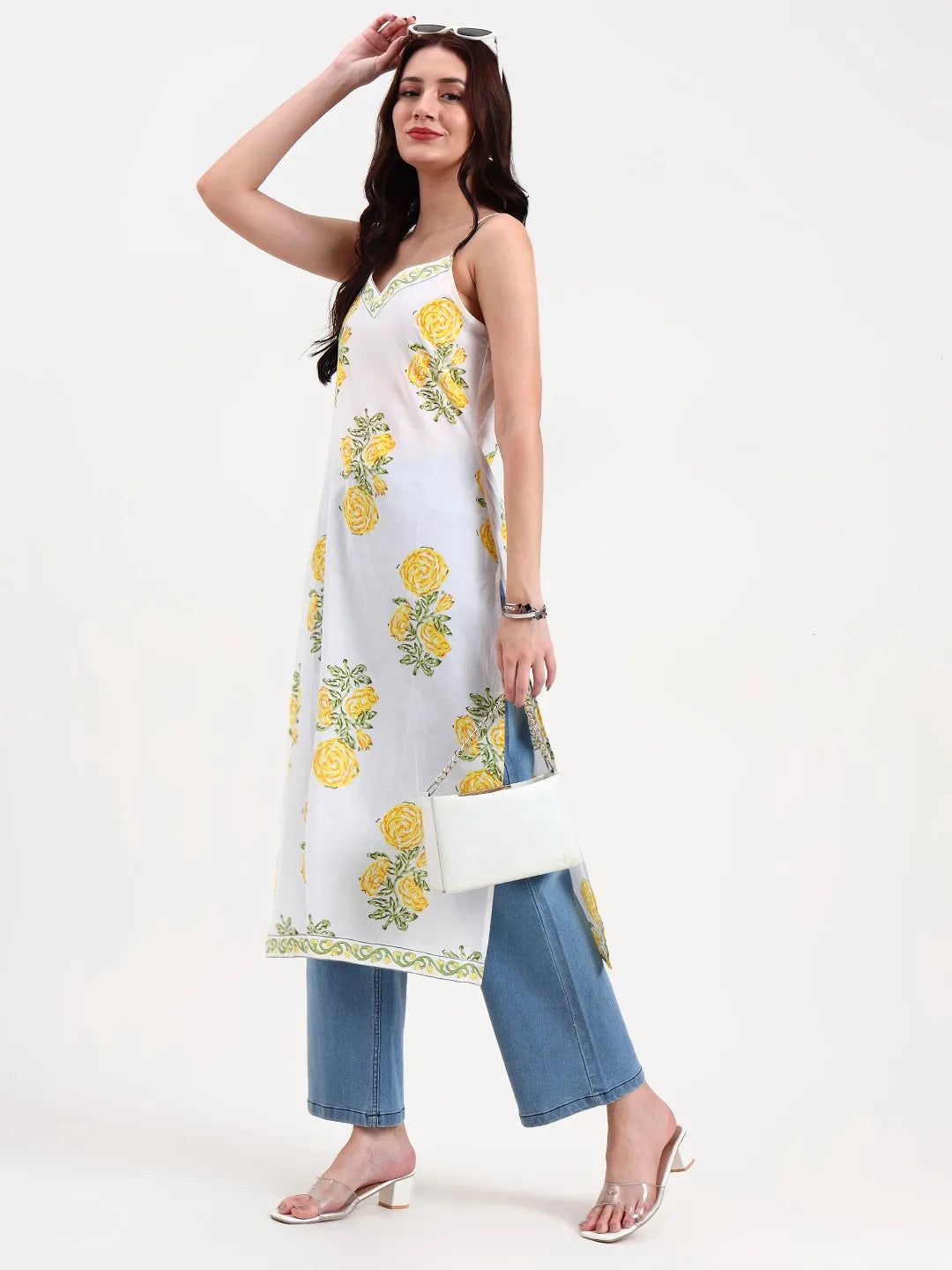 White Floral Print Cotton Straight Kurta