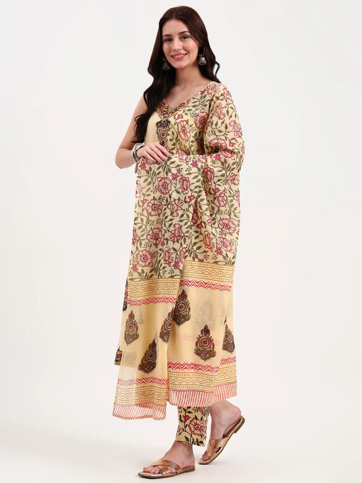 Beige Pure Cotton Sequins Work Straight Kurta Trouser Dupatta Set