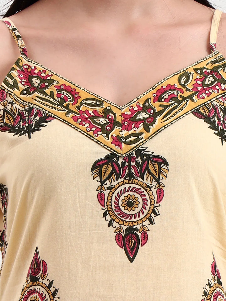 Beige Pure Cotton Sequins Work Straight Kurta Trouser Dupatta Set