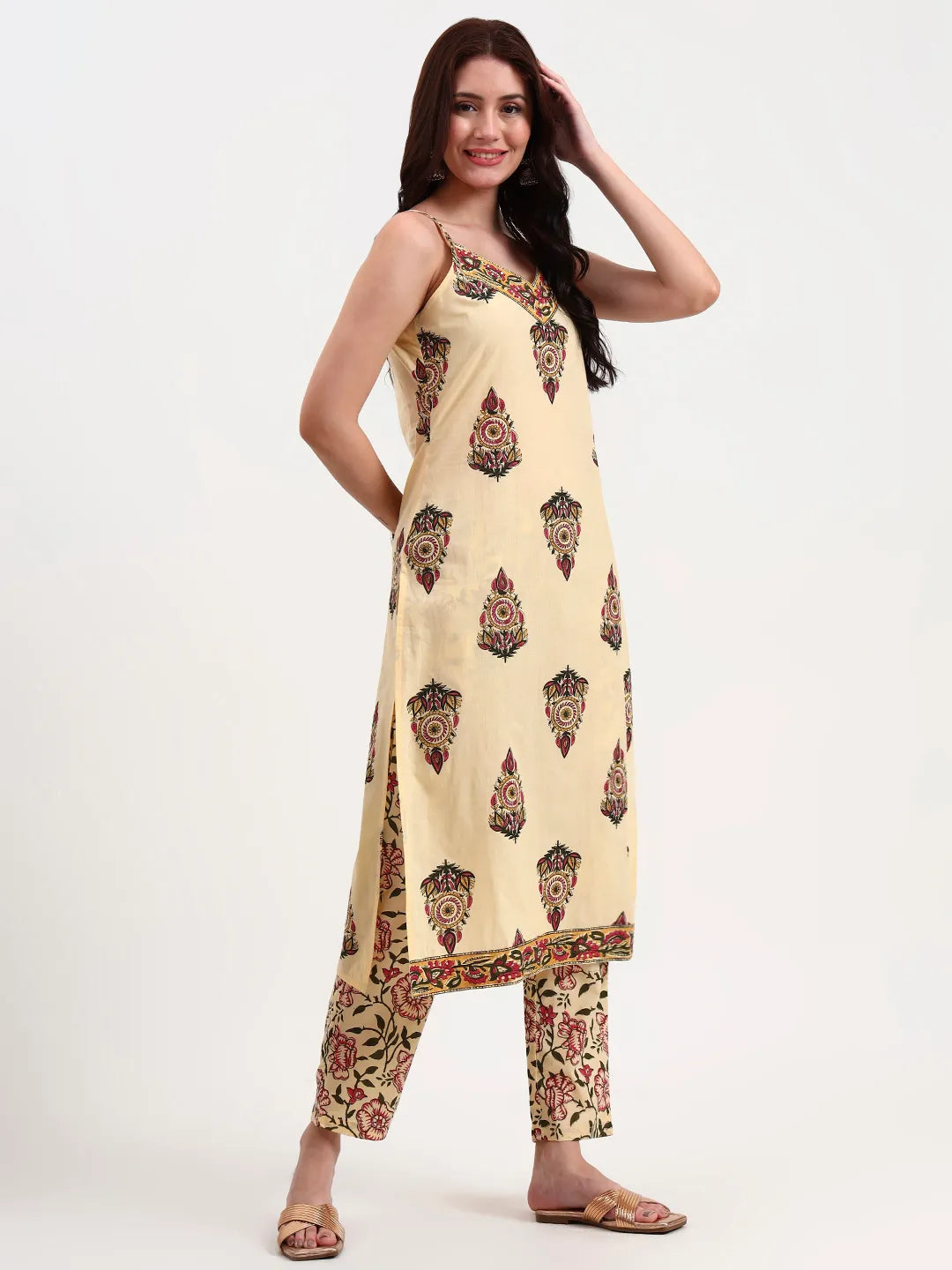 Beige Pure Cotton Sequins Work Straight Kurta Trouser Dupatta Set