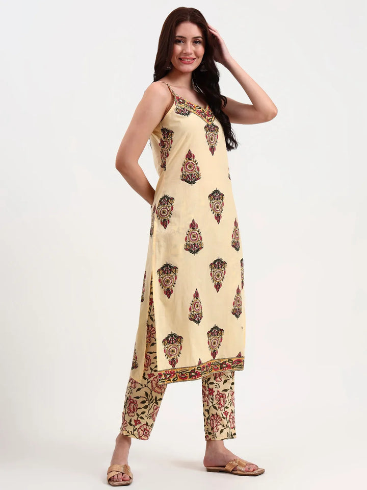 Beige Pure Cotton Sequins Work Straight Kurta Trouser Dupatta Set