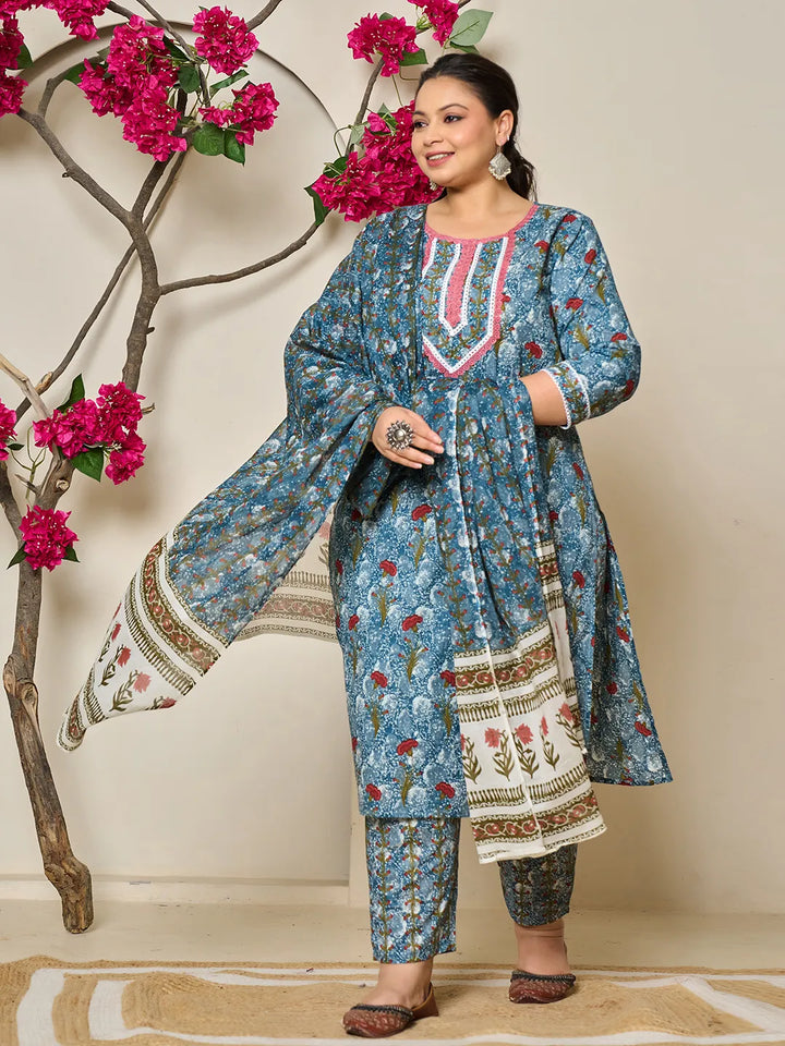Grey Cotton Straight Plus Size Kurta Dupatta Pant Set