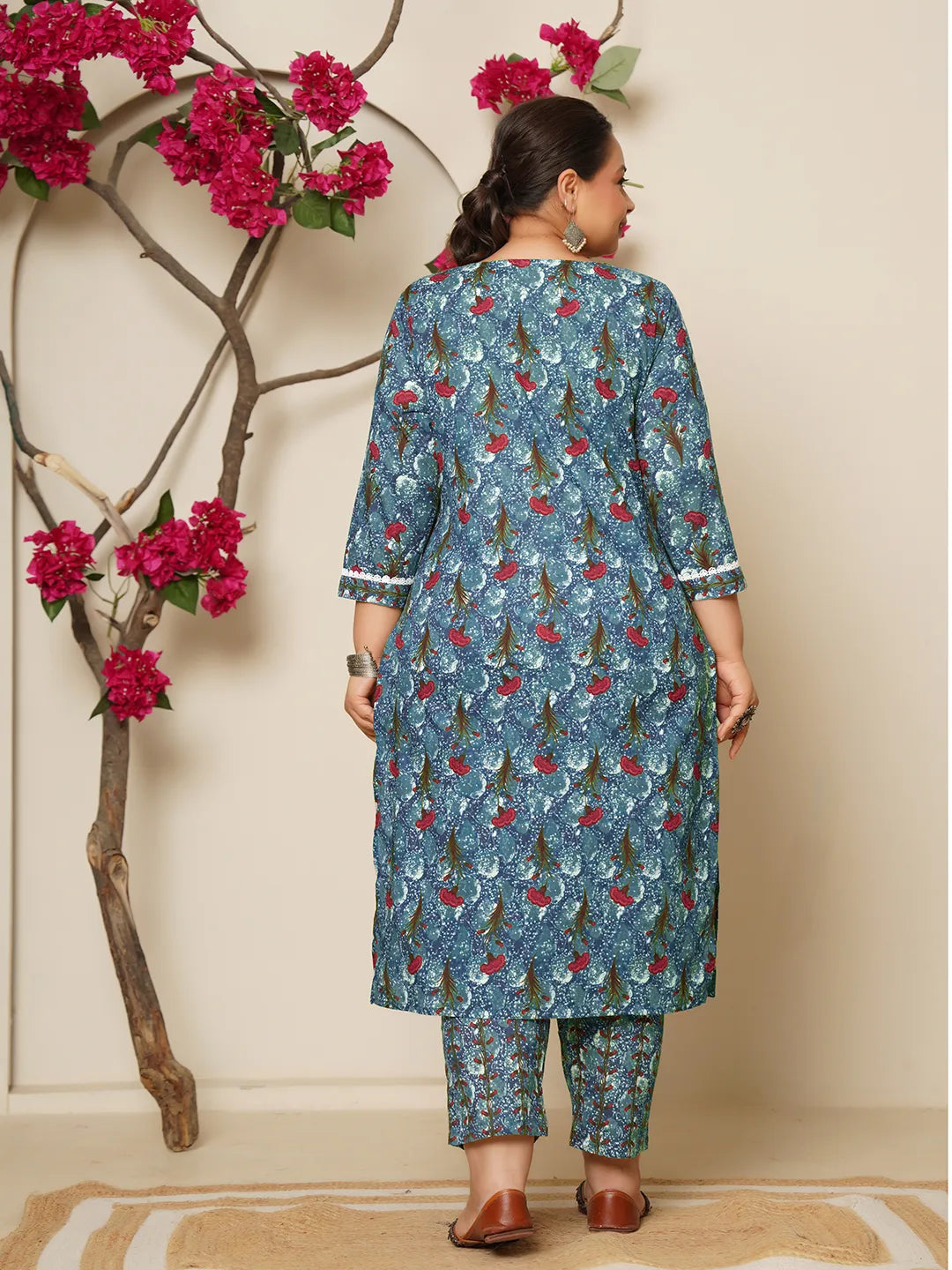 Grey Cotton Straight Plus Size Kurta Dupatta Pant Set