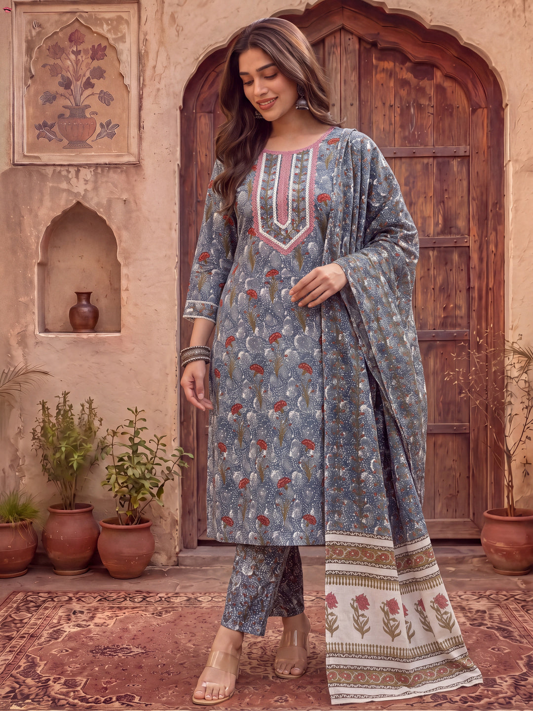 Grey Cotton Straight Kurta Dupatta Pant Set