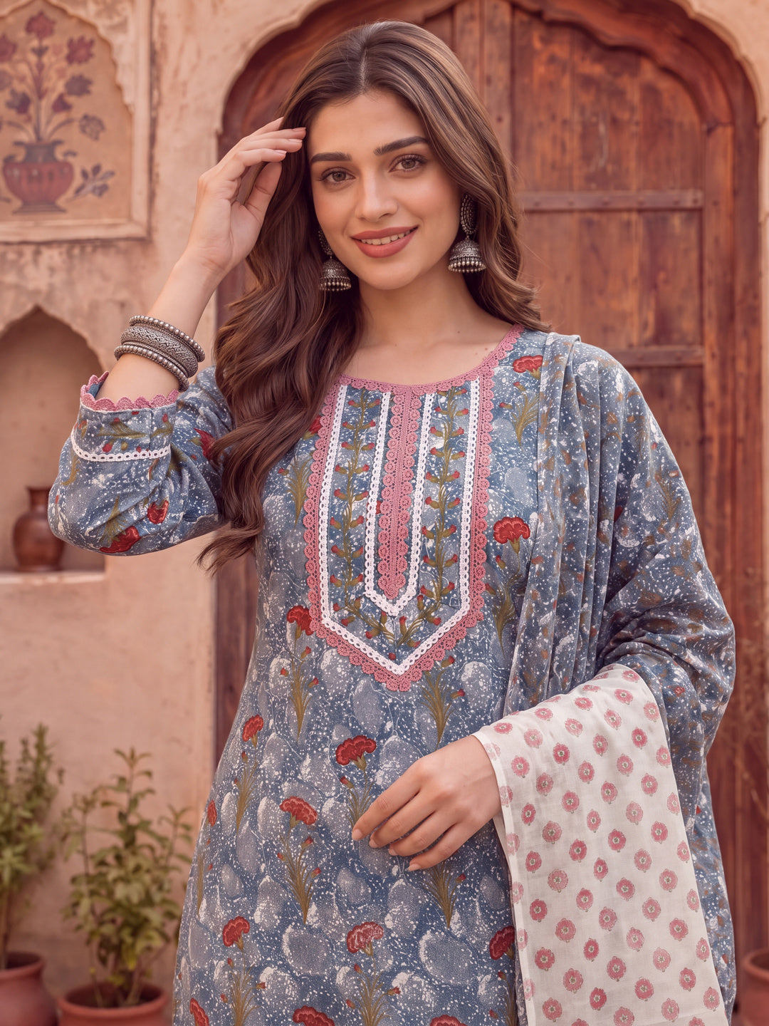 Grey Cotton Straight Kurta Dupatta Pant Set