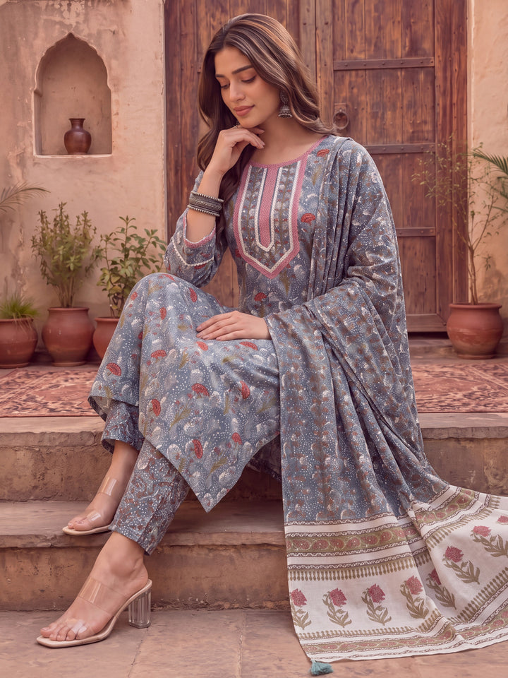 Grey Cotton Straight Kurta Dupatta Pant Set