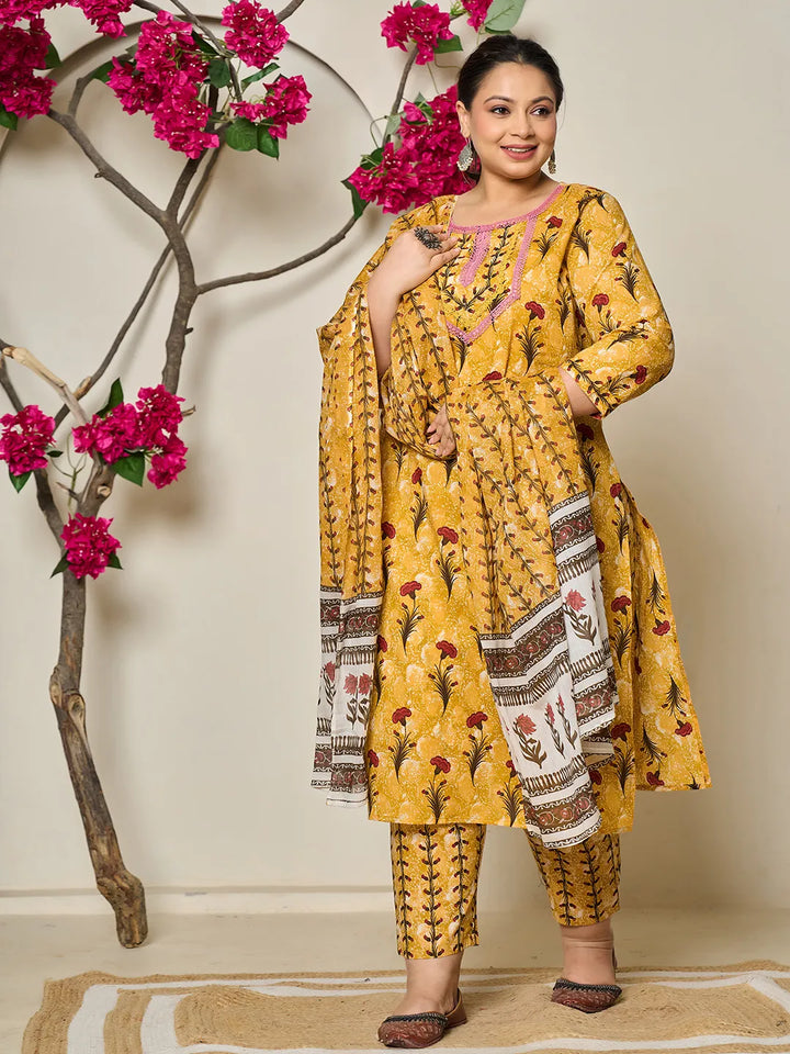 Mustard Cotton Lace Work On Yoke Straight Plus Size Kurta Dupatta Pant Set