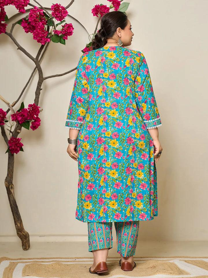 Turquoise Blue Cotton Floral Print Lace Work Plus Size Kurta Pants Dupatta Set