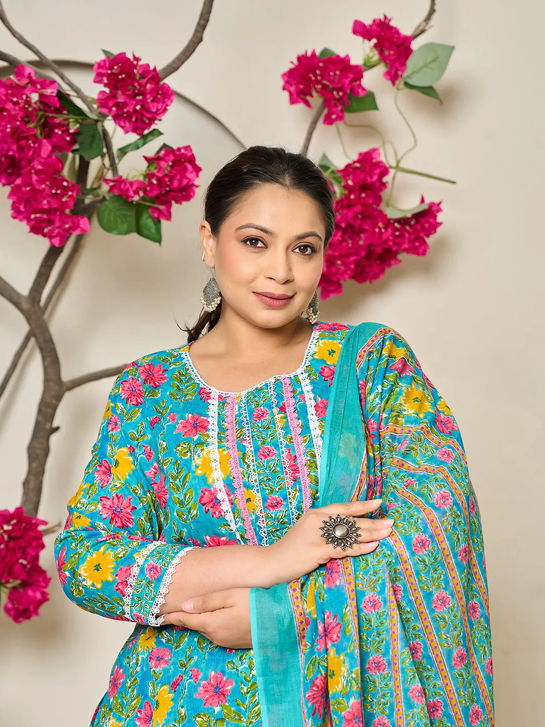 Turquoise Blue Cotton Floral Print Lace Work Plus Size Kurta Pants Dupatta Set